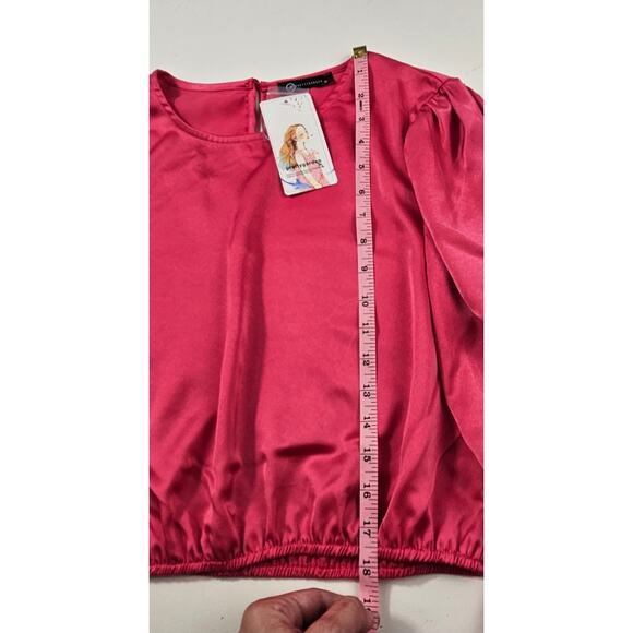 NWT prettygarden hot pink satin crop bubble long sleeve top M glam barbie NEW - Picture 6 of 9